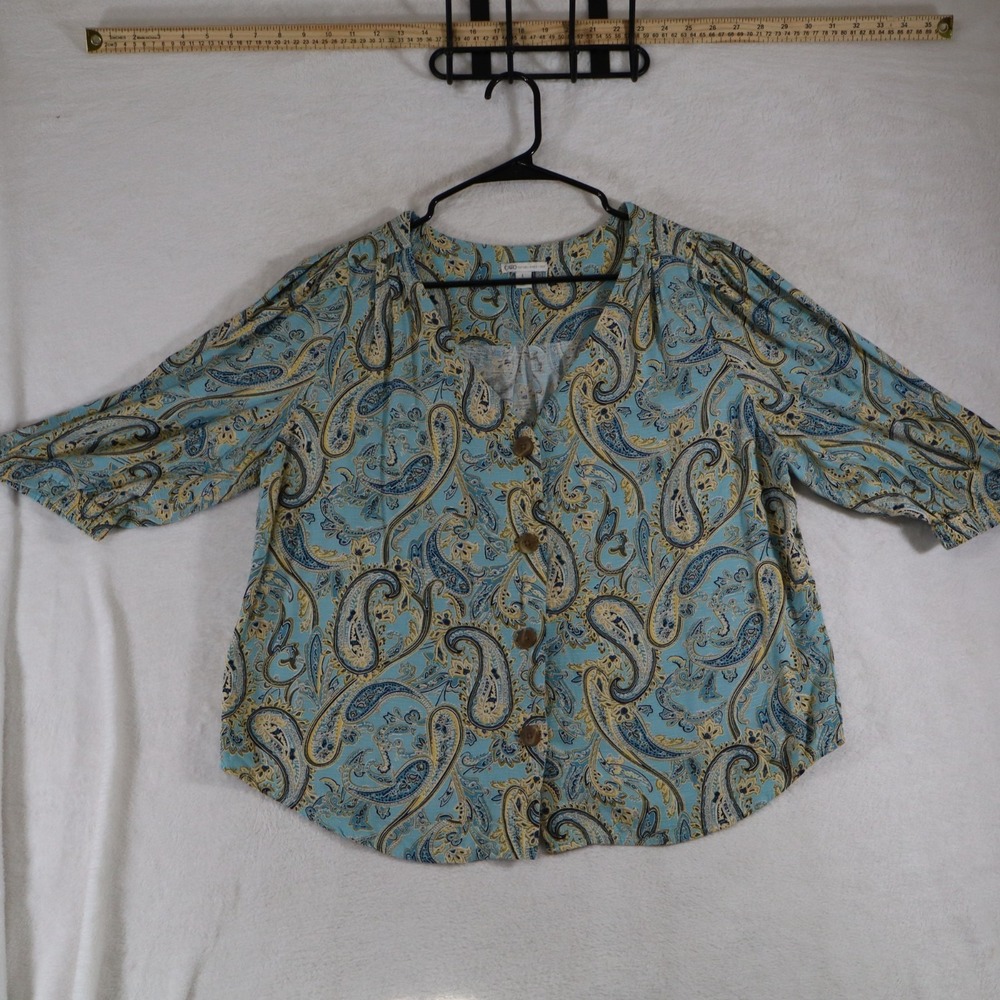 Cato Women's L Turquoise Paisley Button Up Blouse 3/4 Sleeve Boho